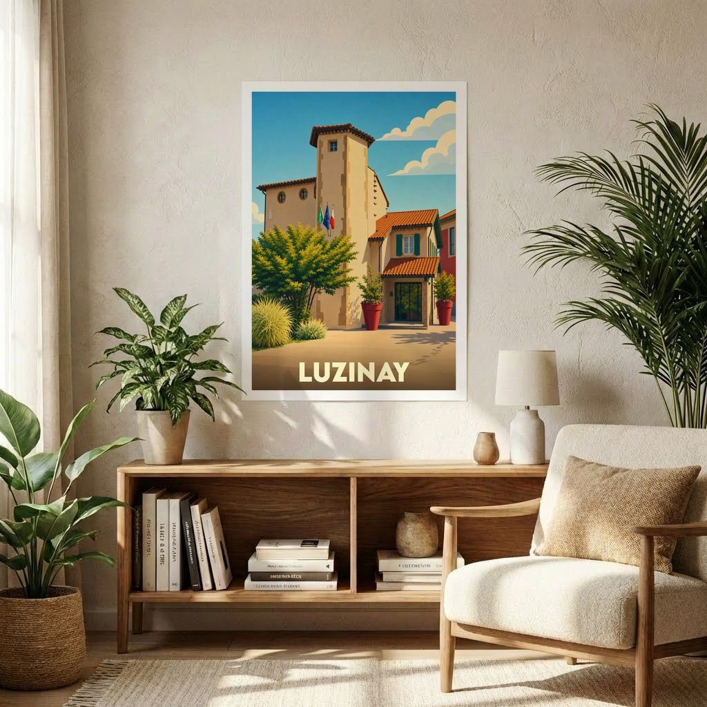 Affiche souvenir de la ville de Luzinay avec une illustration stylisée.