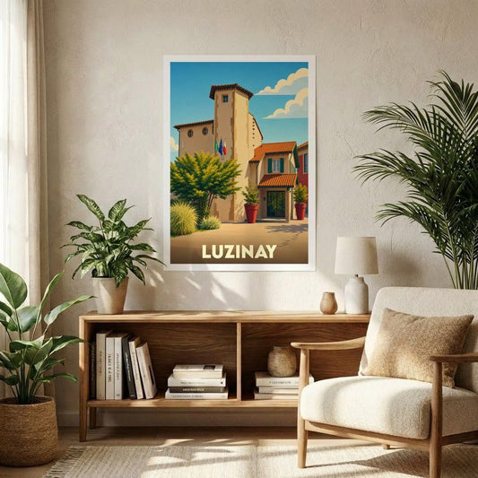 Affiche souvenir de la ville de Luzinay avec une illustration stylisée.