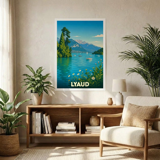 Affiche souvenir de la ville de Lyaud illustrant un paysage de lac et de montagnes dans un style vintage.