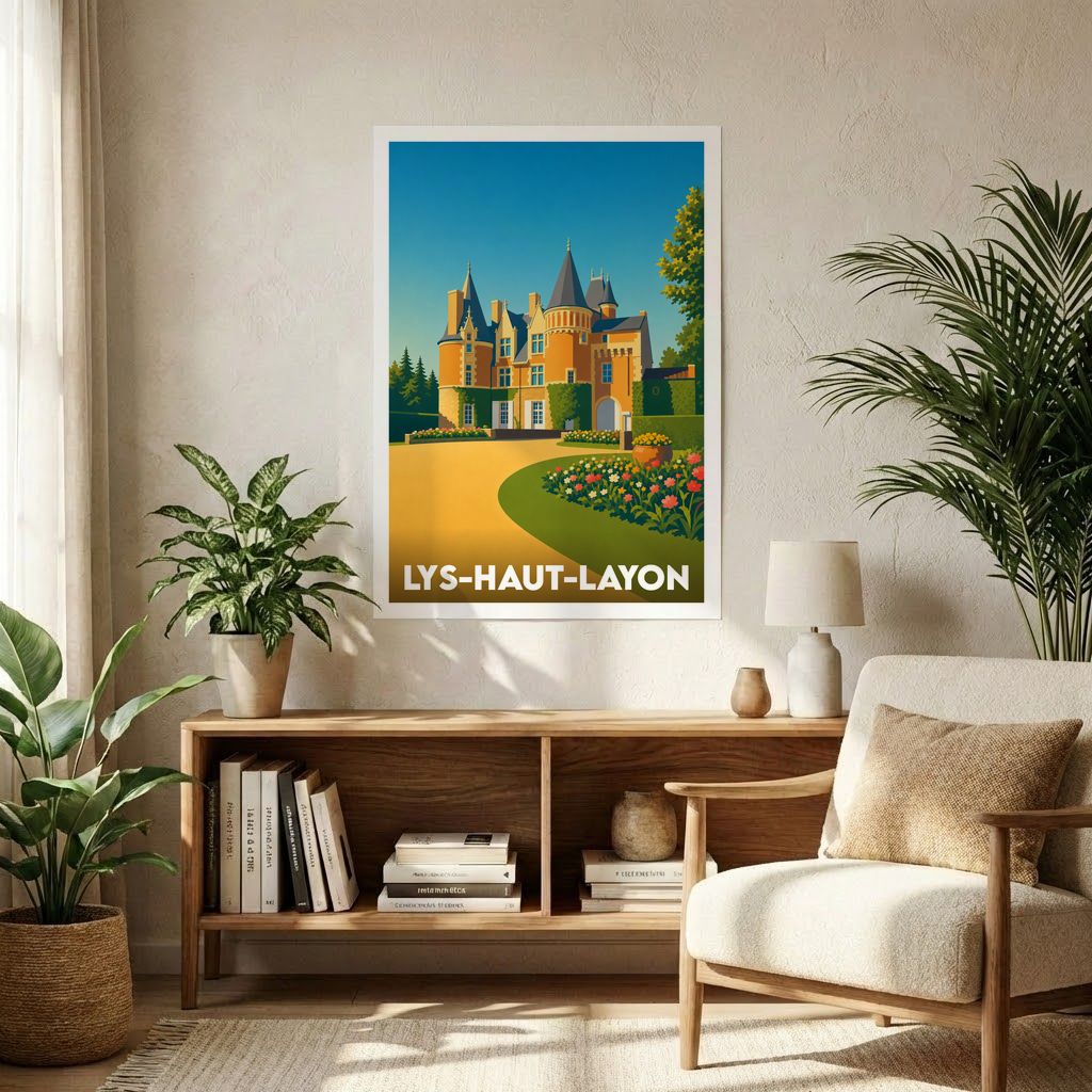 Affiche souvenir de la ville de Lys-Haut-Layon avec une illustration stylisée d'un château.