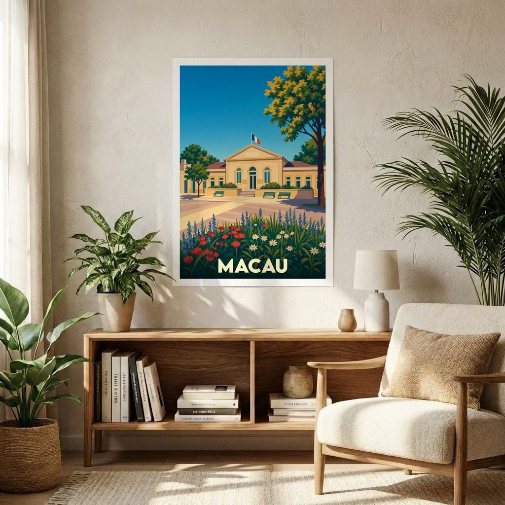 Affiche souvenir de la ville de Macau avec une illustration stylisée et colorée d'un bâtiment historique.