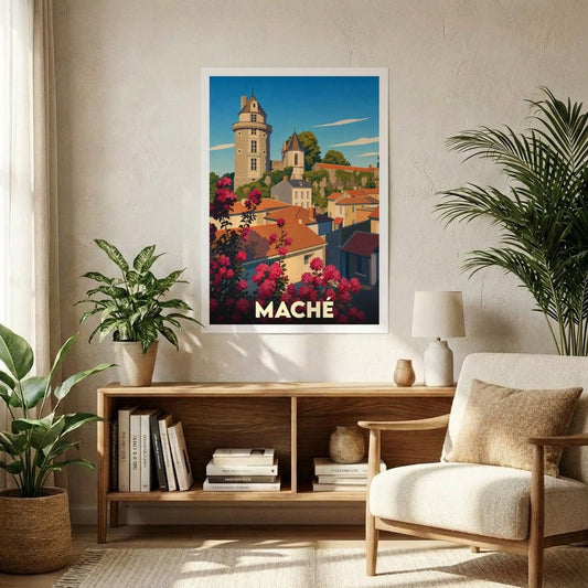 Affiche souvenir de la ville de Maché avec une illustration stylisée et colorée de ses paysages et monuments.