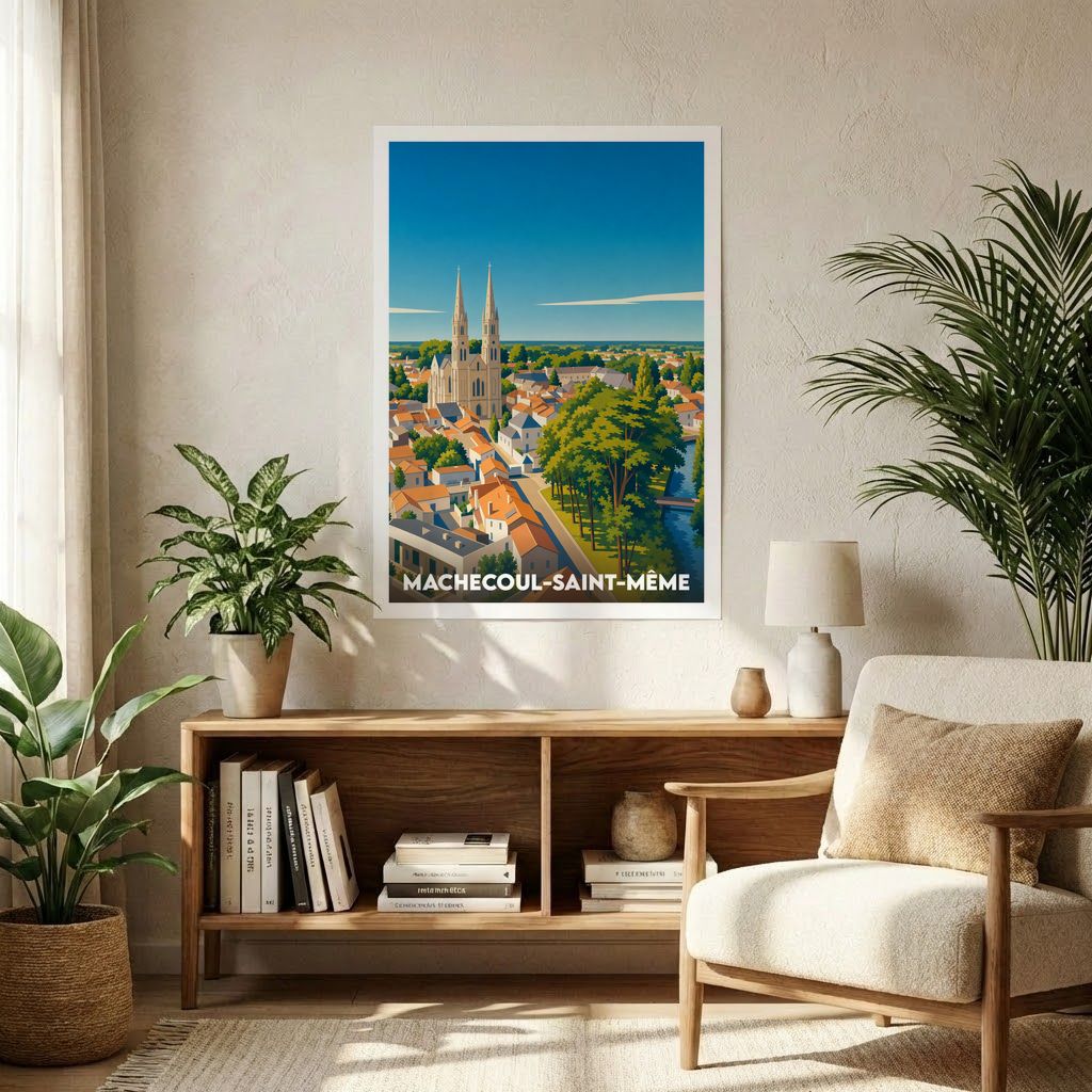 Affiche souvenir de la ville de Machecoul-Saint-Même avec une illustration stylisée.