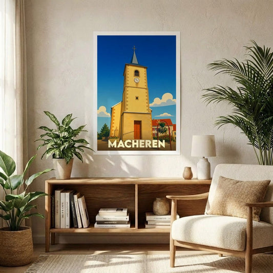 Affiche souvenir de la ville de Macheren avec une illustration stylisée de son église sous un ciel bleu.