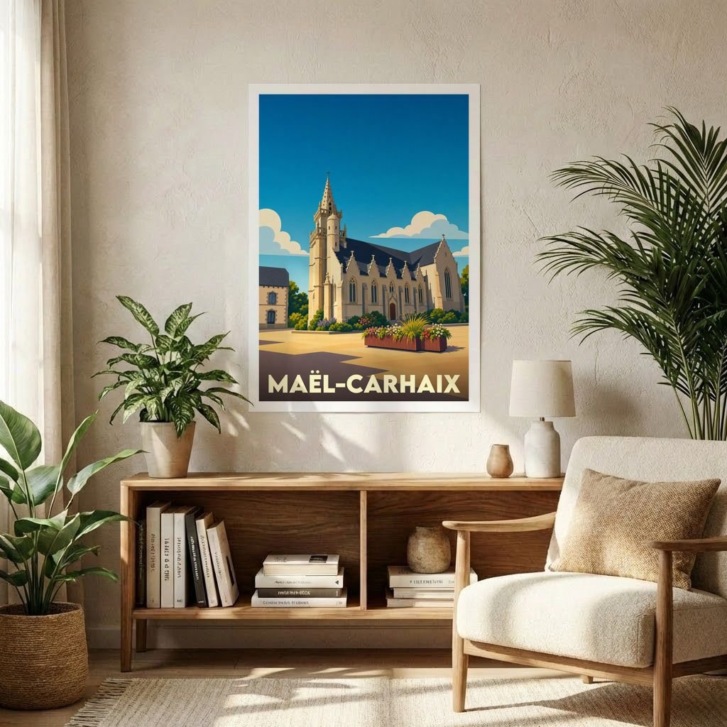 Affiche souvenir de la ville de Maël-Carhaix avec une illustration stylisée de son église.