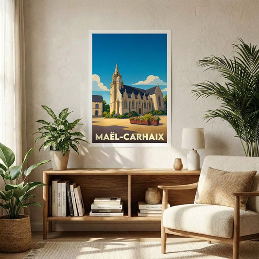 Affiche souvenir de la ville de Maël-Carhaix avec une illustration stylisée de son église.