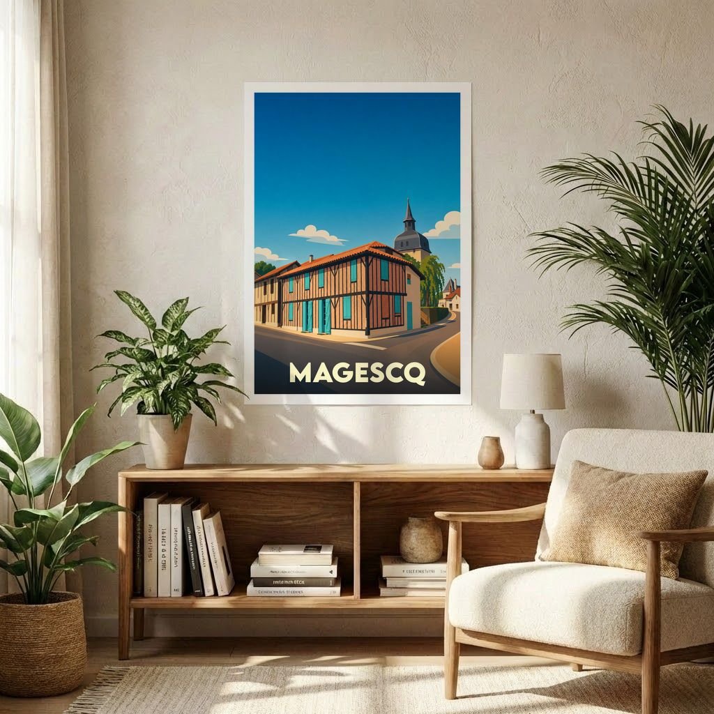 Affiche souvenir de la ville de Magescq avec une illustration stylisée d'une rue typique et d'un clocher sous un ciel bleu.