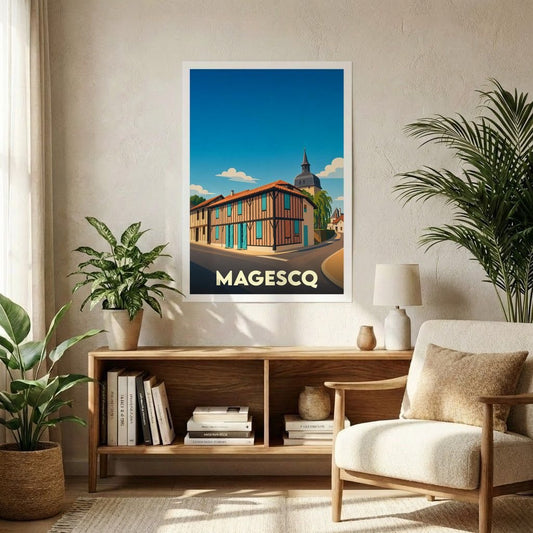 Affiche souvenir de la ville de Magescq avec une illustration stylisée d'une rue typique et d'un clocher sous un ciel bleu.