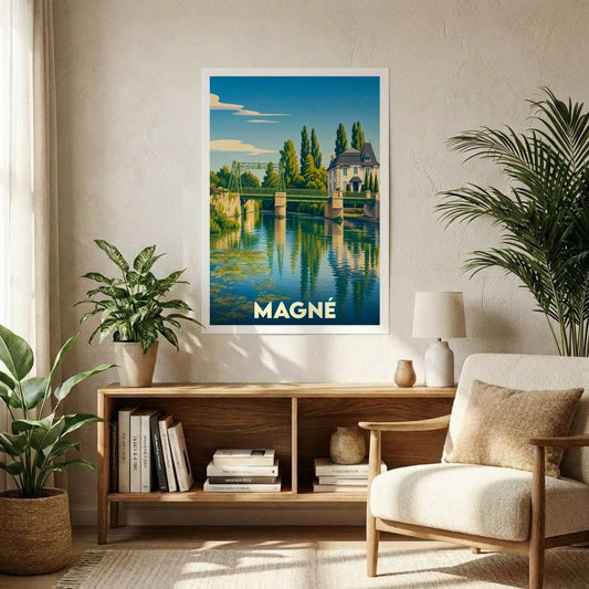 Affiche souvenir de la ville de Magné avec une illustration stylisée d'un pont et d'une maison au bord de l'eau.