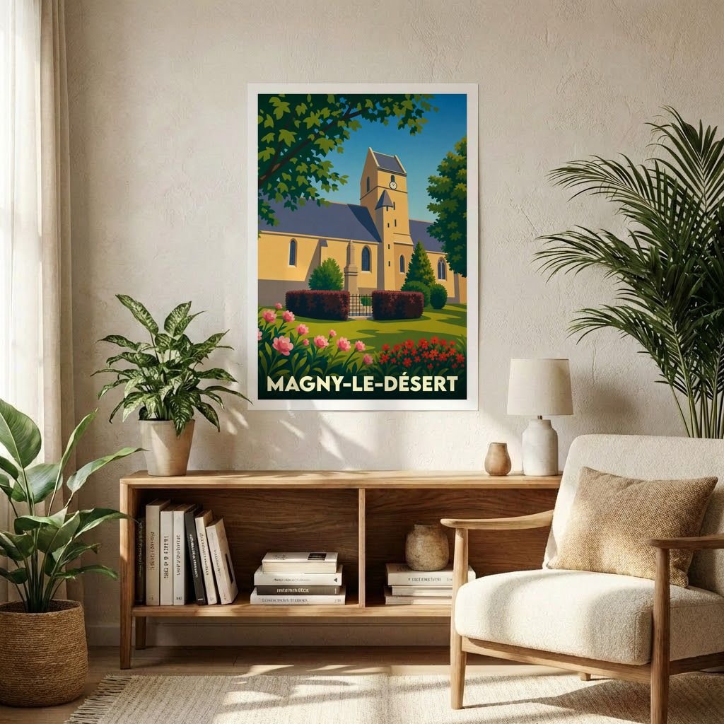 Affiche souvenir de la ville de Magny-le-Désert avec une illustration stylisée de son église et de ses jardins.
