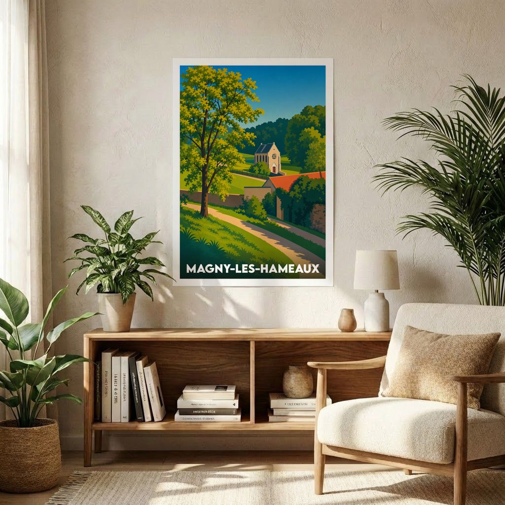 Affiche souvenir de la ville de Magny-les-Hameaux avec une illustration stylisée d'un paysage rural.