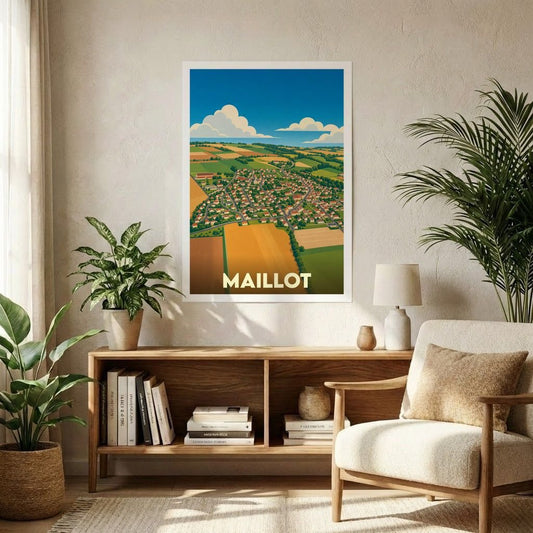 Affiche souvenir de la ville de Maillot représentant une vue aérienne illustrée de la commune et de ses paysages environnants.