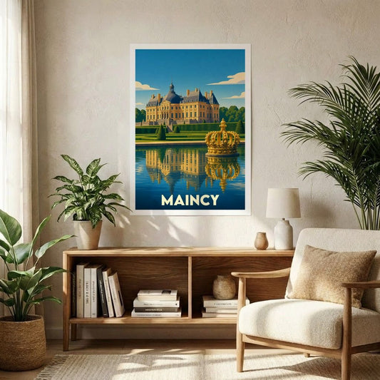Affiche souvenir de la ville de Maincy avec une illustration stylisée d'un château et de ses jardins.