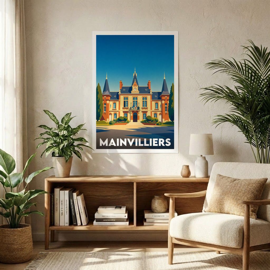 Affiche souvenir de la ville de Mainvilliers avec une illustration stylisée de son hôtel de ville.