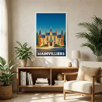 Affiche souvenir de la ville de Mainvilliers avec une illustration stylisée de son hôtel de ville.