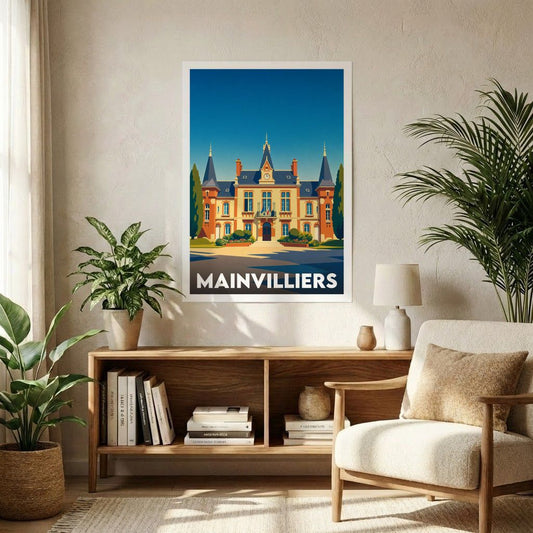 Affiche souvenir de la ville de Mainvilliers avec une illustration stylisée de son hôtel de ville.