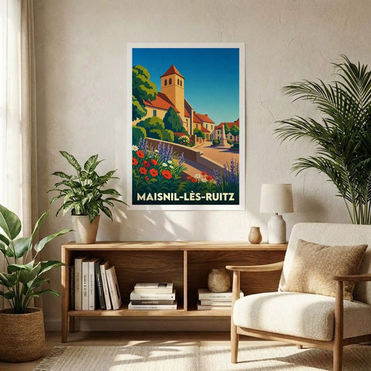 Affiche souvenir de la ville de Maisnil-lès-Ruitz présentant une illustration stylisée et colorée de son église et de ses jardins.