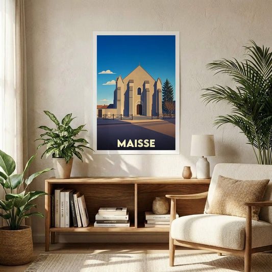 Affiche souvenir de la ville de Maisse avec une illustration stylisée de son église.