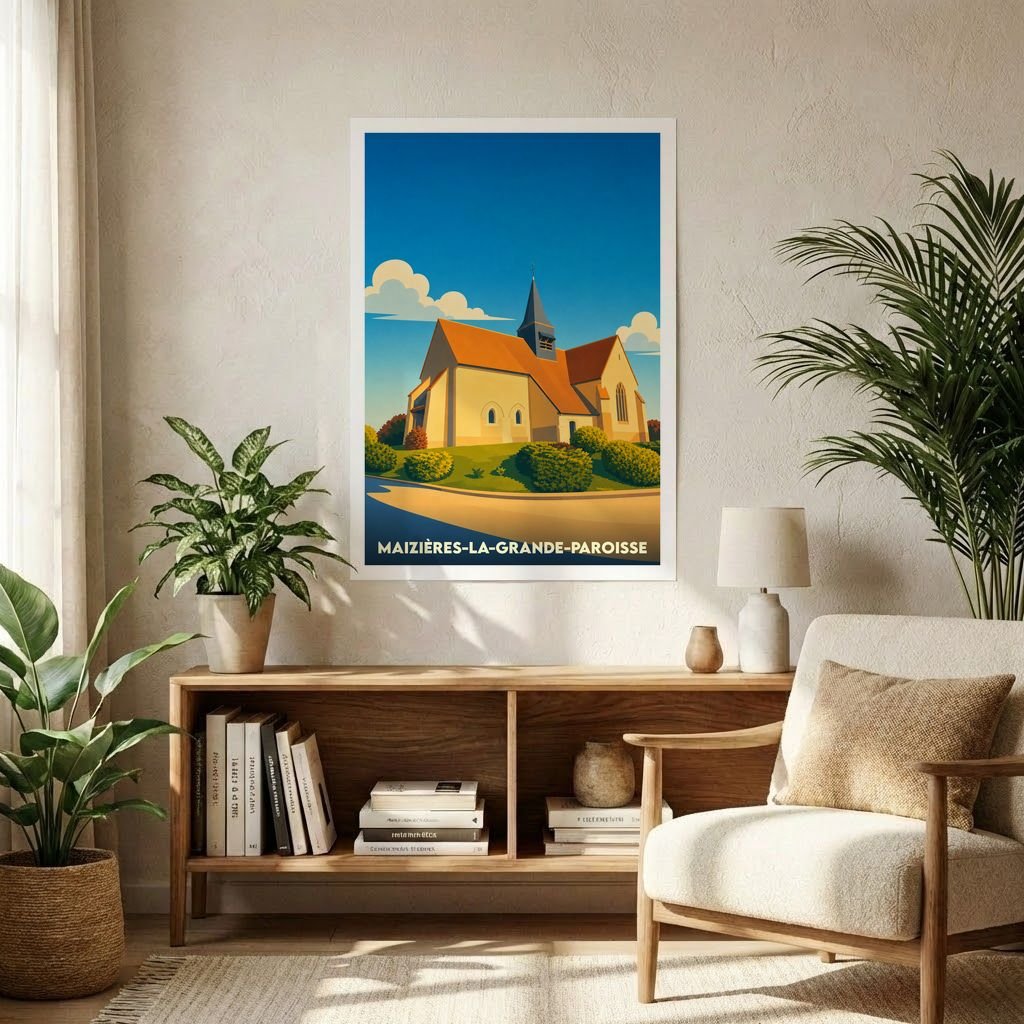Affiche souvenir de la ville de Maizières-la-Grande-Paroisse avec une illustration stylisée de son église.