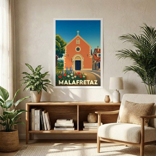 Affiche souvenir de la ville de Malafretaz illustrant son église dans un style graphique épuré.