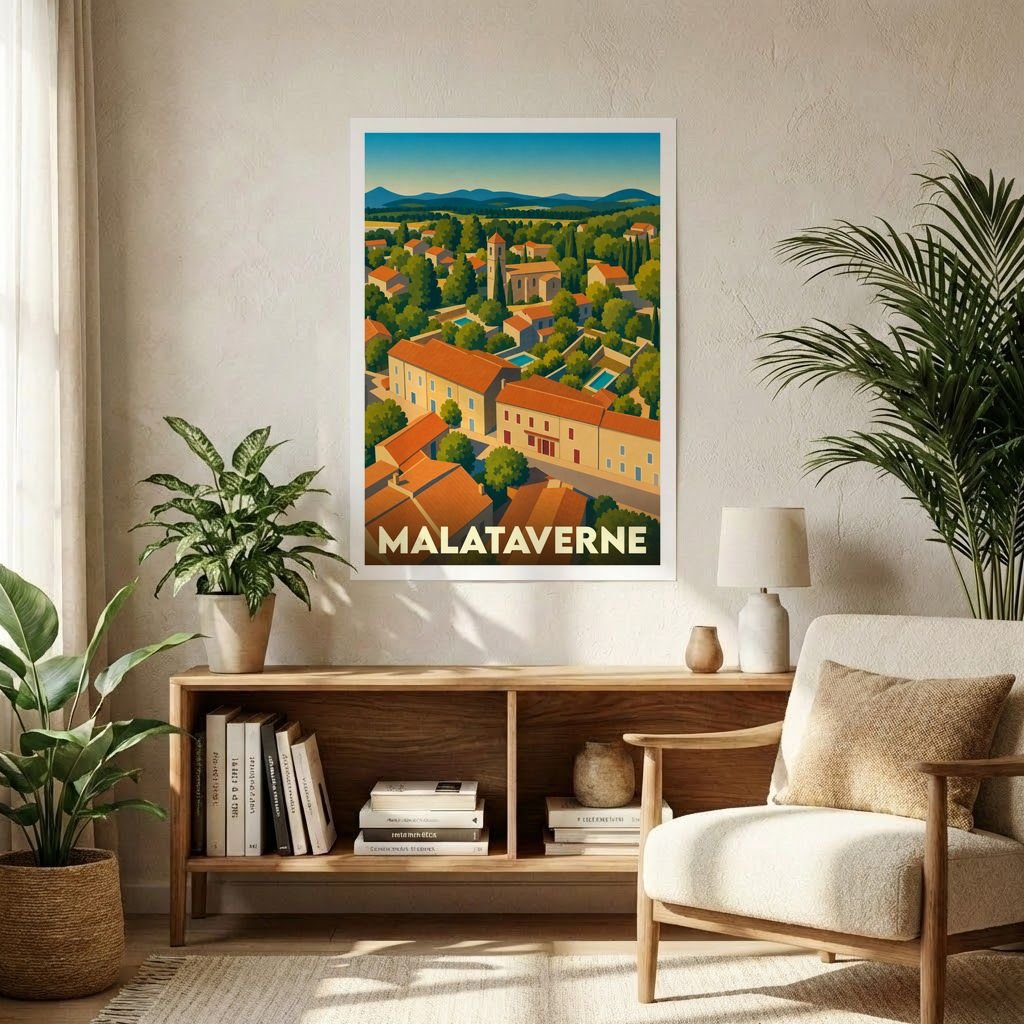 Affiche souvenir de la ville de Malataverne avec une illustration stylisée d'un village provençal.