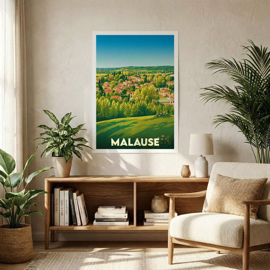 Affiche souvenir de la ville de Malause présentant une illustration stylisée de son paysage vallonné.