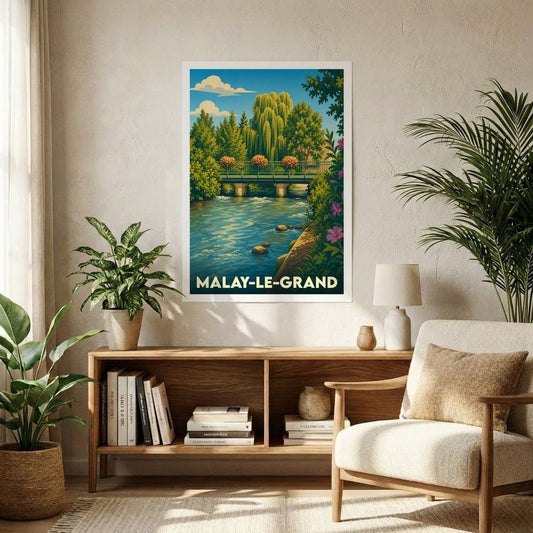 Affiche souvenir de la ville de Malay-le-Grand avec une illustration stylisée d'un pont fleuri au-dessus d'une rivière.