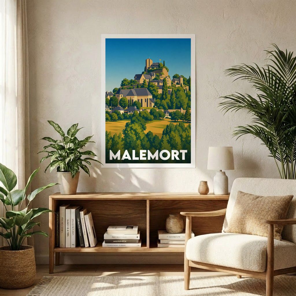 Affiche souvenir de la ville de Malemort présentant une illustration stylisée d'un village perché sur une colline verdoyante.