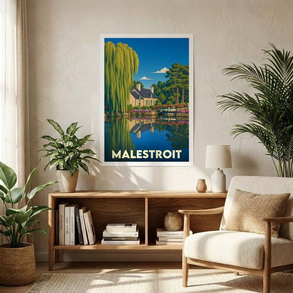 Affiche souvenir de la ville de Malestroit avec une illustration stylisée d'une maison au bord de l'eau.