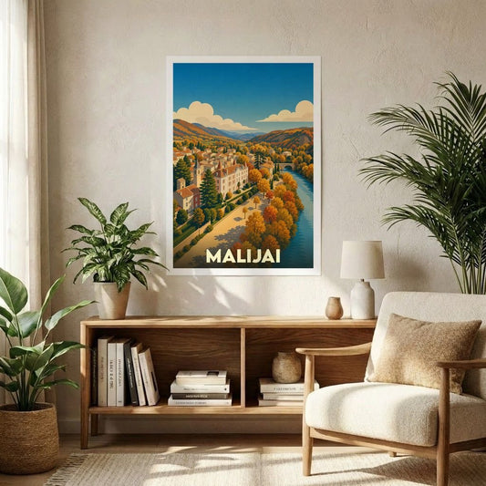 Affiche souvenir de la ville de Malijai présentant une illustration stylisée et colorée de ses paysages.