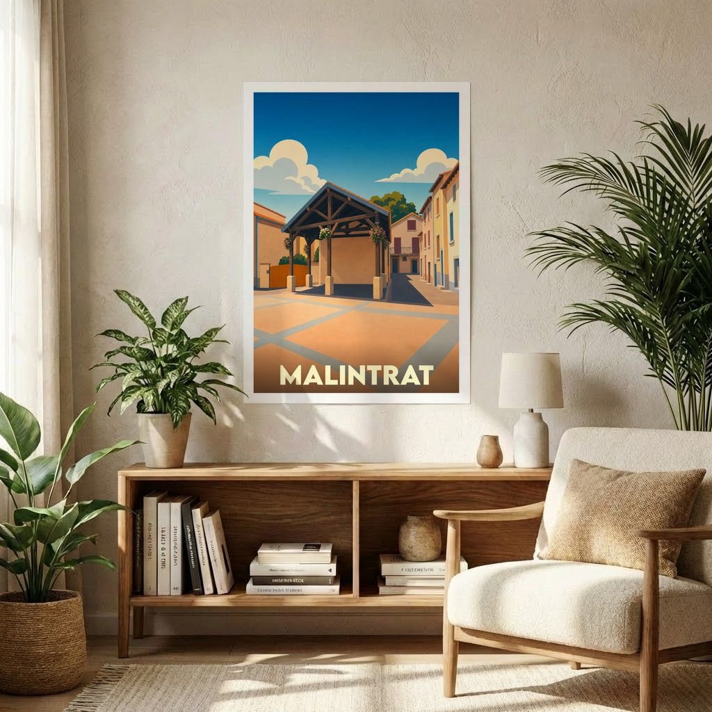 Affiche souvenir de la ville de Malintrat présentant une illustration stylisée de sa place centrale.