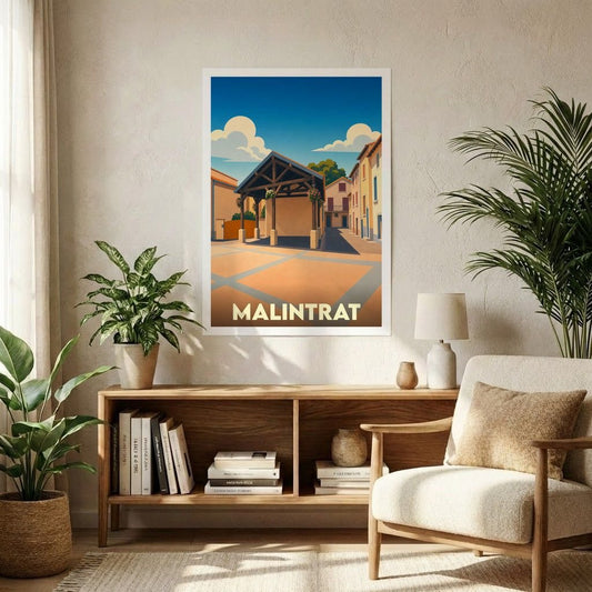 Affiche souvenir de la ville de Malintrat présentant une illustration stylisée de sa place centrale.