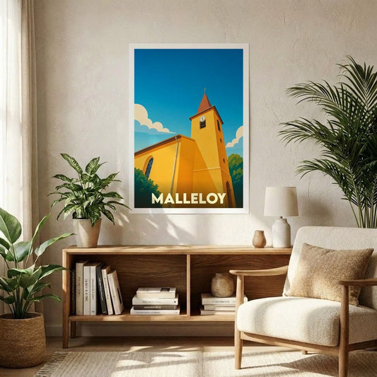 Affiche souvenir de la ville de Malleloy avec une illustration stylisée d'une église jaune sous un ciel bleu.