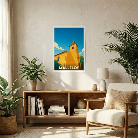 Affiche souvenir de la ville de Malleloy illustrant son église avec un style graphique épuré.