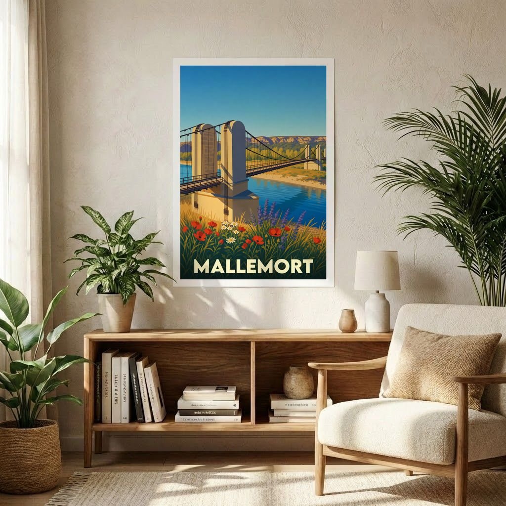 Affiche souvenir de la ville de Mallemort avec une illustration stylisée de son pont suspendu et de fleurs sauvages.