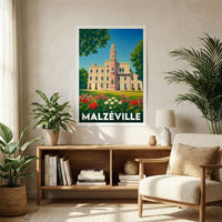 Affiche souvenir de la ville de Malzéville illustrant son château et ses jardins dans un style rétro coloré.