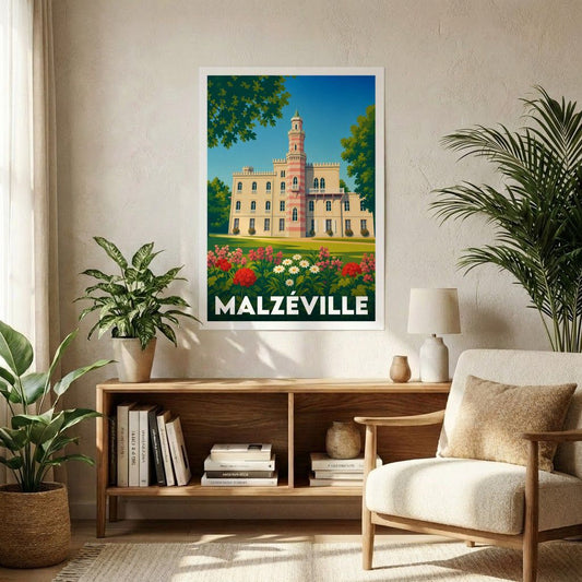 Affiche souvenir de la ville de Malzéville illustrant son château et ses jardins dans un style rétro coloré.