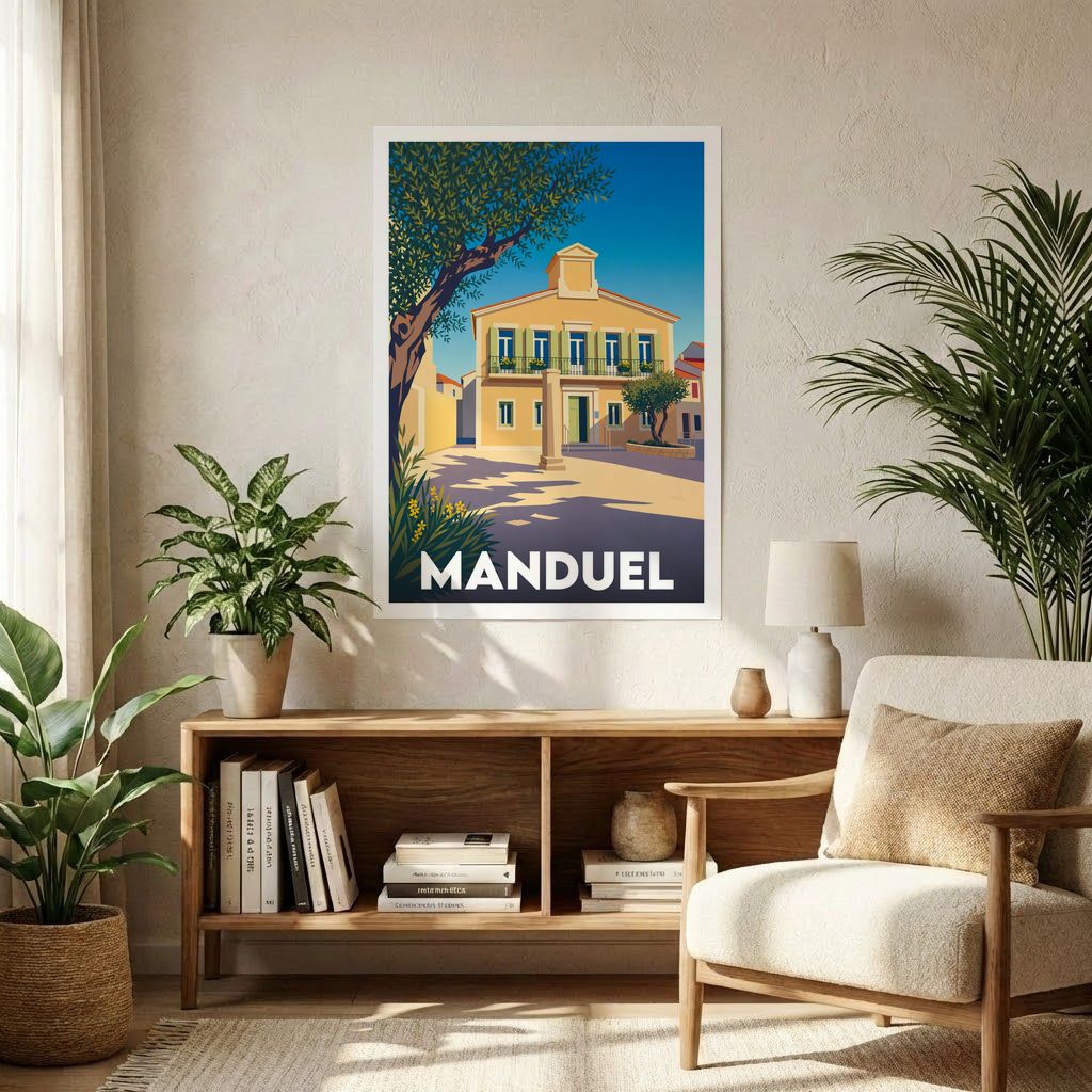 Affiche souvenir de la ville de Manduel présentant une illustration stylisée d'une place ensoleillée au style rétro.