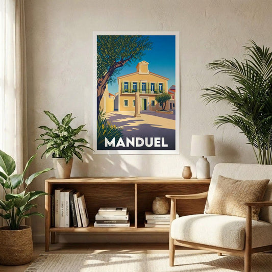 Affiche souvenir de la ville de Manduel présentant une illustration stylisée d'une place ensoleillée au style rétro.