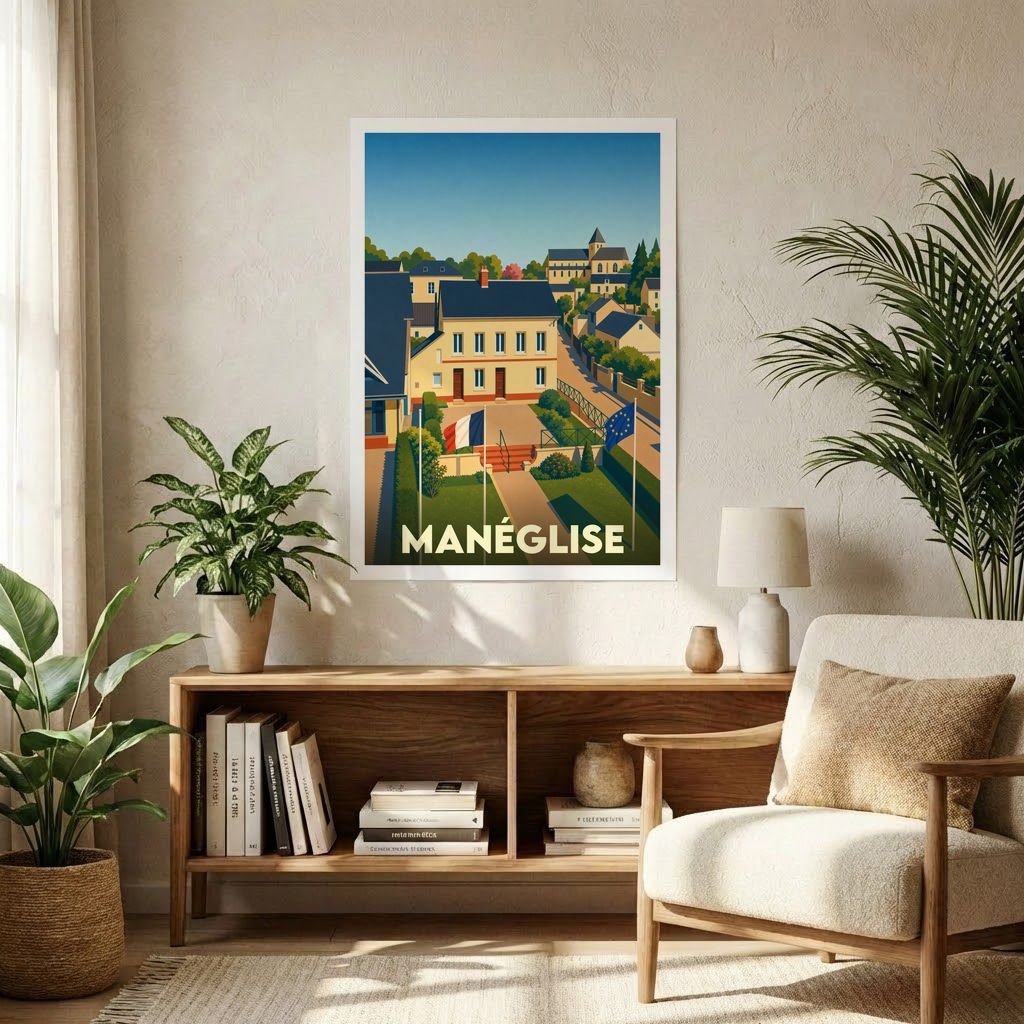 Affiche souvenir de la ville de Manéglise avec une illustration stylisée et colorée.