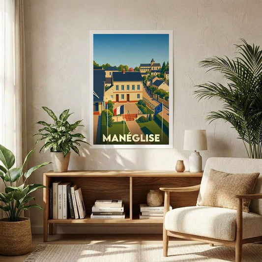 Affiche souvenir de la ville de Manéglise avec une illustration stylisée et colorée.