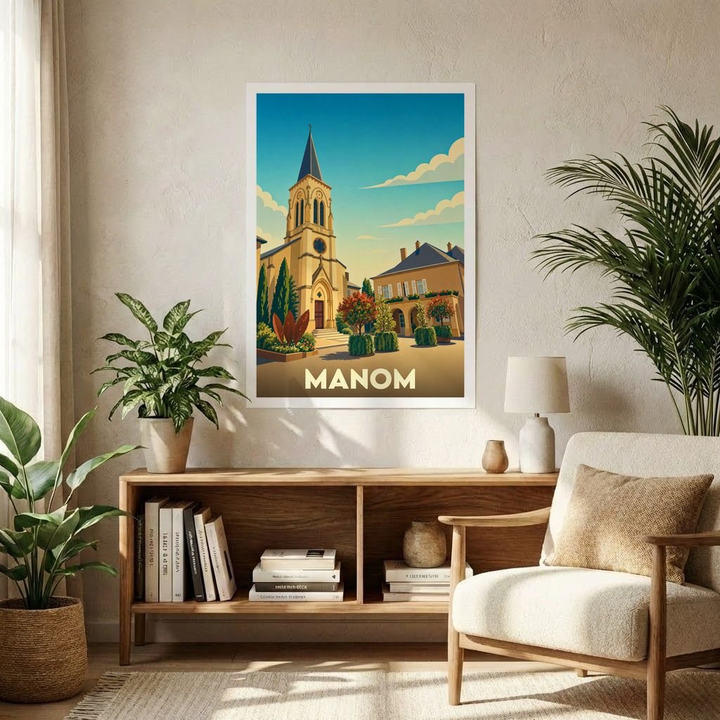 Affiche souvenir de la ville de Manom avec une illustration stylisée de son église sous un ciel azur.