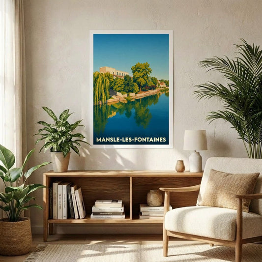 Affiche souvenir de la ville de Mansle-les-Fontaines avec une illustration stylisée d'un paysage fluvial.