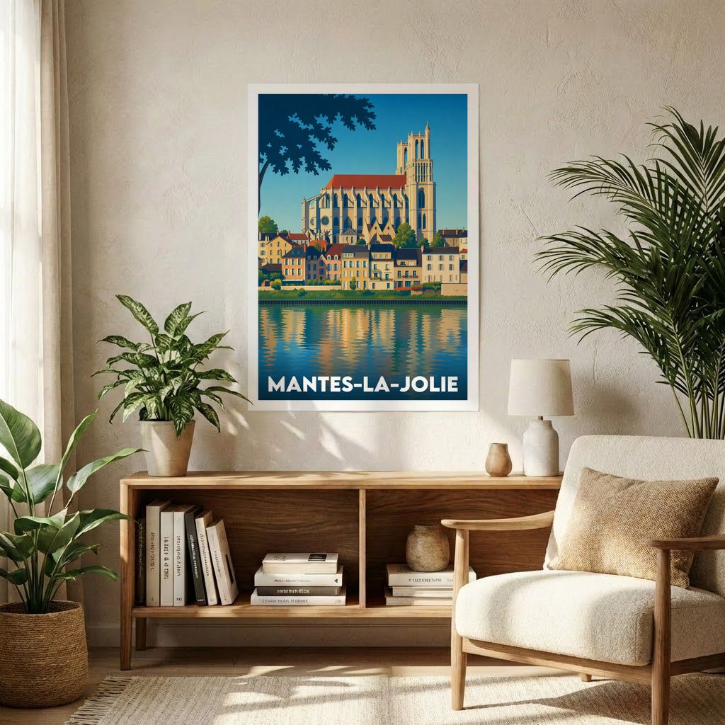 Affiche souvenir de la ville de Mantes-la-Jolie avec une illustration stylisée de sa collégiale.