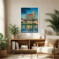 Affiche souvenir de la ville de Mantes-la-Jolie avec une illustration stylisée de sa collégiale.