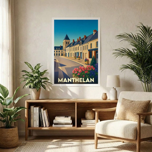 Affiche souvenir de la ville de Manthelan avec une illustration stylisée et colorée.