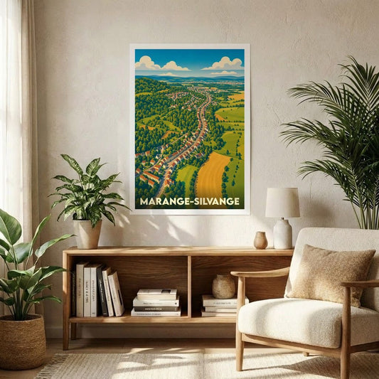 Affiche souvenir de la ville de Marange-Silvange représentant une vue aérienne illustrée et colorée de la commune.