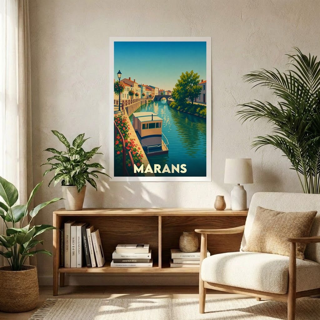 Affiche souvenir de la ville de Marans représentant une illustration stylisée d'un canal avec un bateau et des maisons colorées.