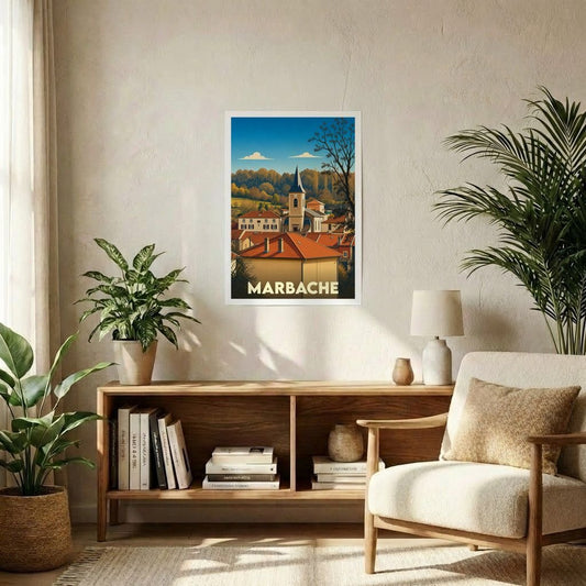 Affiche souvenir de la ville de Marbache avec une illustration stylisée.