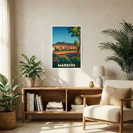 Affiche souvenir de la ville de Marbois avec une illustration stylisée et colorée.